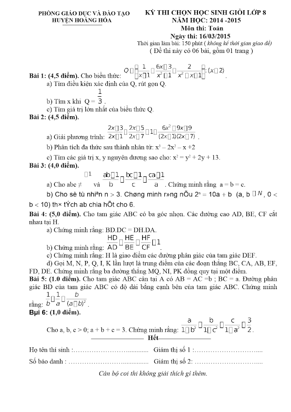 Đề thi chọn HSG môn Toán lớp 8 huyện Hoằng Hóa năm học 2014 2015 có