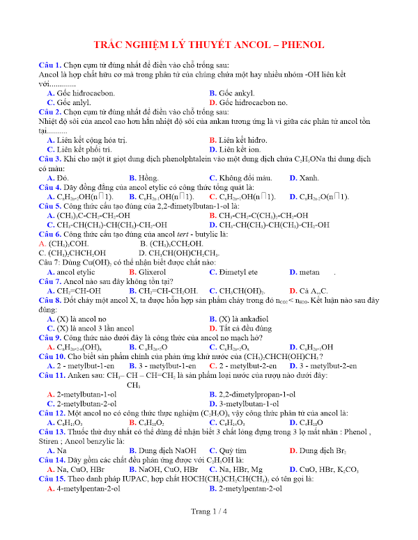 Trắc nghiệm lý thuyết Ancol Phenol môn Hóa Học lớp 11