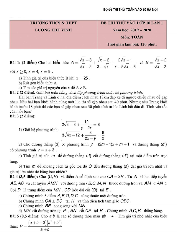 Bộ đề Thi Thử Vào Lớp 10 Môn Toán Hà Nội Có đáp án 