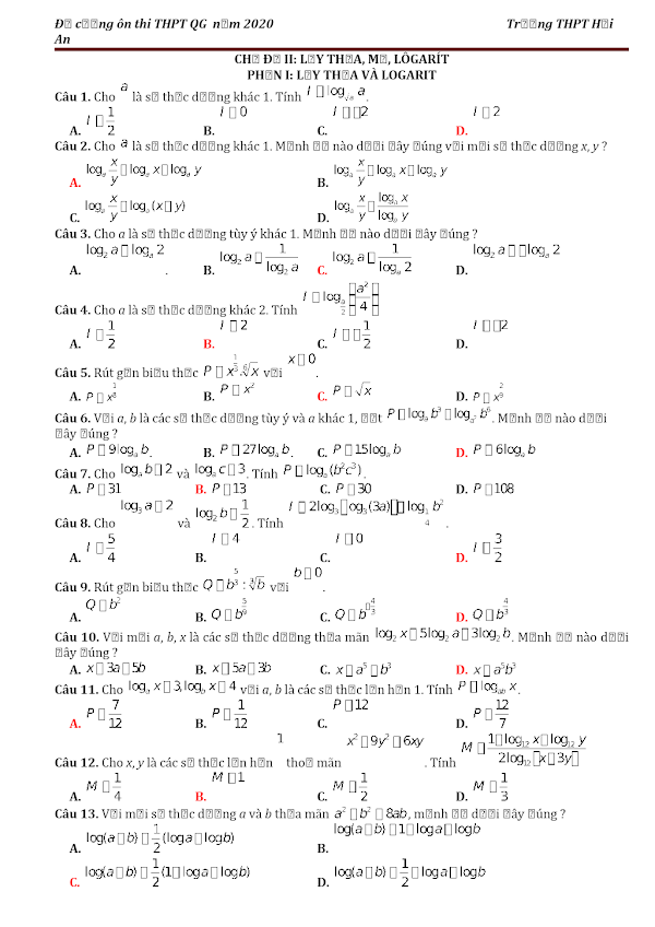 Chuyen đề Lũy Thừa Mũ Logarit đề Cương On Thi Thptqg Năm 2020 Co đap An