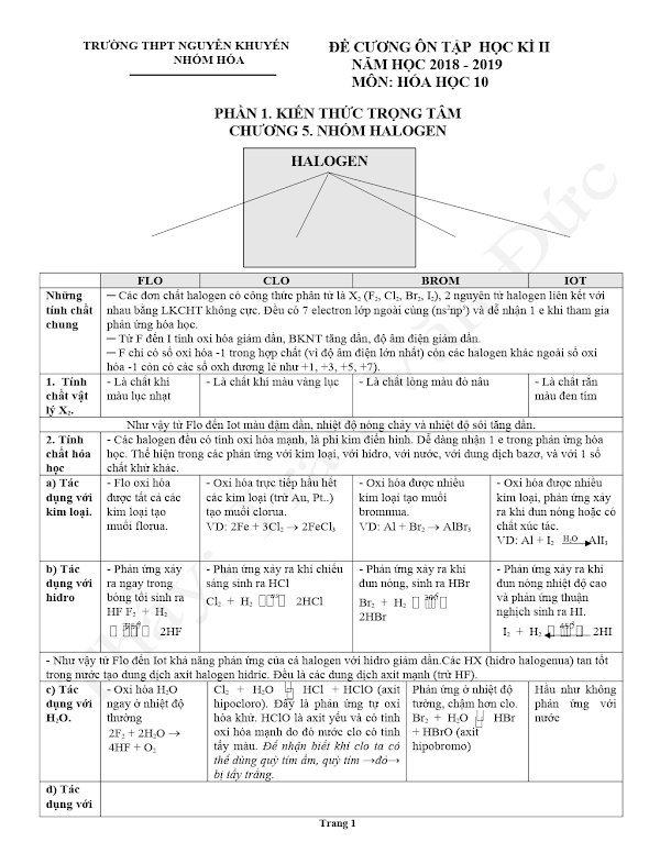 đề Cương On Thi Học Kỳ 2 Mon Hoa Học Lớp 10 Năm 18 19