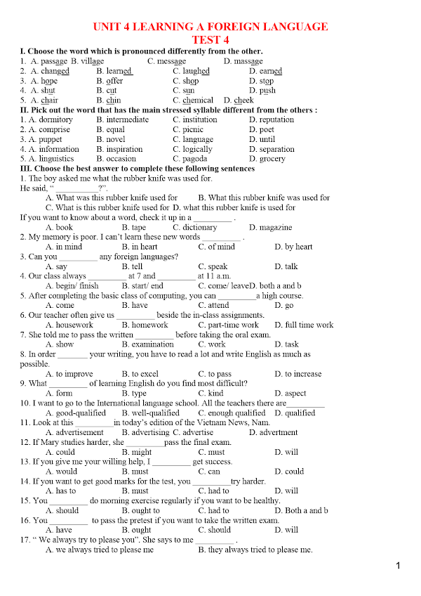 Đề kiểm tra môn Tiếng Anh lớp 9 - Unit 4: Learning a foreign language ...