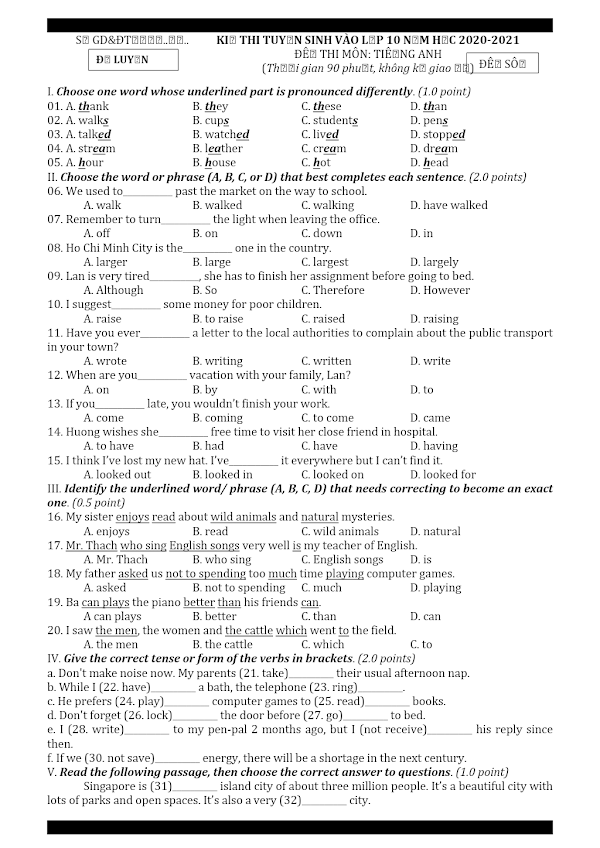 Đề luyện thi tuyển sinh vào lớp 10 THPT môn Tiếng Anh năm ...