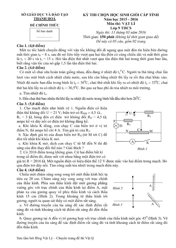 Đề thi HSG môn Vật Lý lớp 9 tỉnh Thanh Hóa năm học 2015-2016