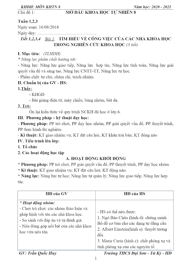 Kế Hoạch Dạy Học Môn Khtn 8 Năm Học 2020 2021 Giáo án điện Tử 8165