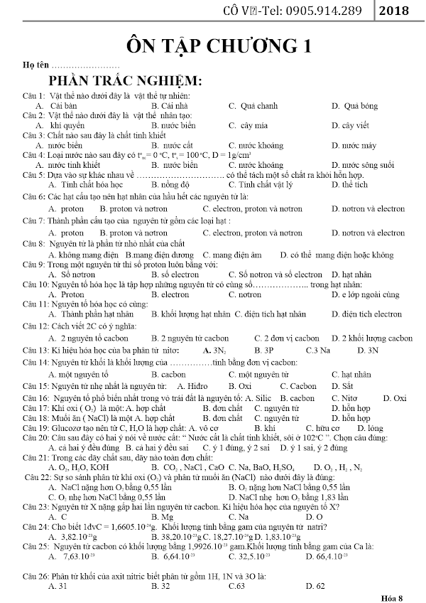 Ôn tập chương 1 môn Hóa lớp 8 - Loga.vn