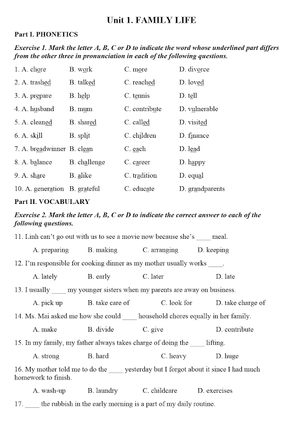 UNIT 1 FAMILY LIFE EXERCISES - ENGLISH 10